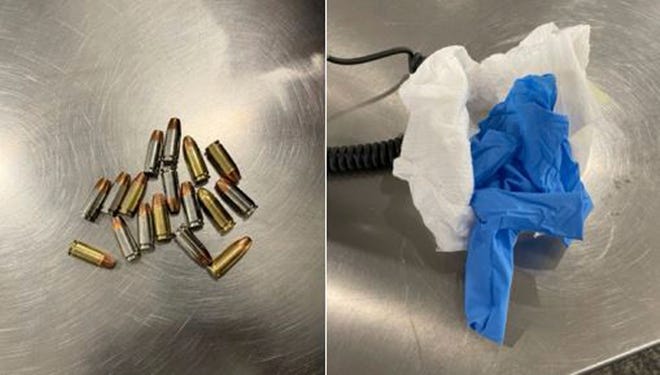 This combination of photos provided by the Transportation Security Administration shows 17 bullets security officers found concealed inside a disposable baby diaper on Wednesday, Dec. 20, 2023, at LaGuardia Airport in New York.